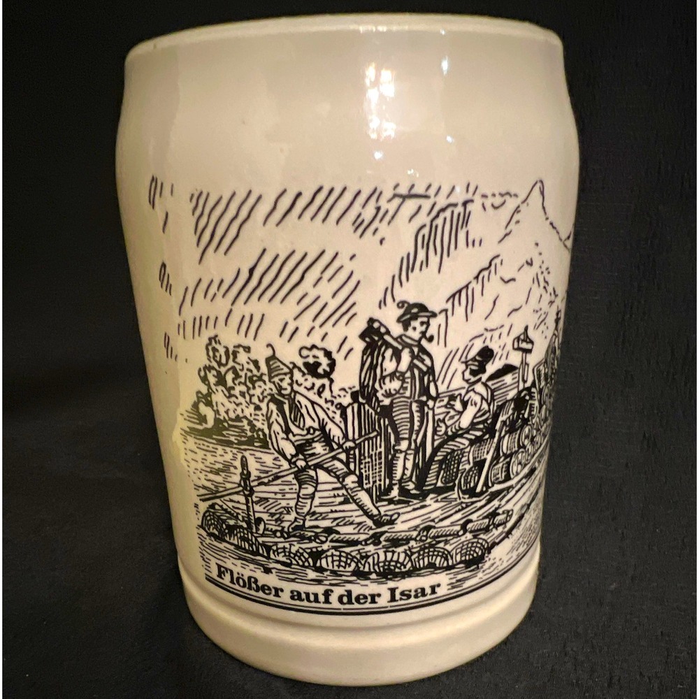 Vintage German Beer Mug Scenic People Print "Flößer auf der Isar" Rafting